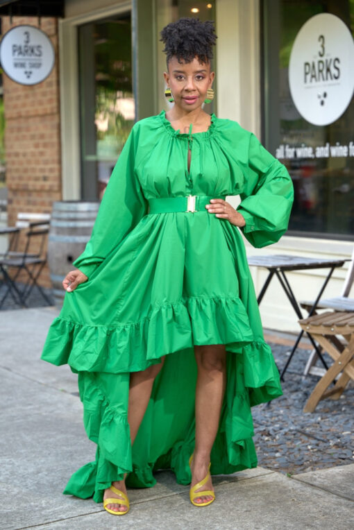 Bubble Sleeve Hi Low Belted Dress-Green -FINAL SALE - Image 2