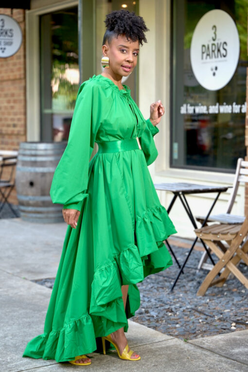 Bubble Sleeve Hi Low Belted Dress-Green -FINAL SALE - Image 3