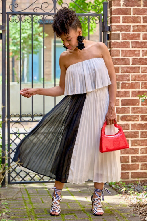 Pleat Colorblock Strapless Midi Dress -White/Black -FINAL SALE - Image 5