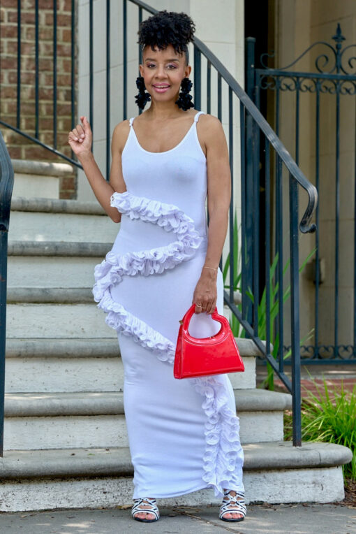 Ruffle Ribbed Tank Maxi Dress-White -FINAL SALE