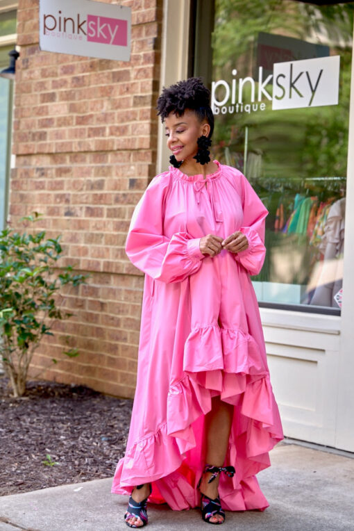 Bubble Sleeve Hi Low Belted Dress- Pink -FINAL SALE - Image 2