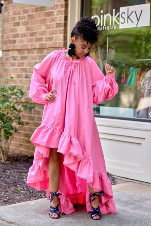 Bubble Sleeve Hi Low Belted Dress- Pink -FINAL SALE - Image 3