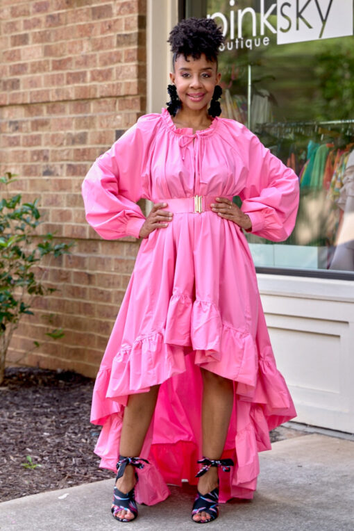 Bubble Sleeve Hi Low Belted Dress- Pink -FINAL SALE