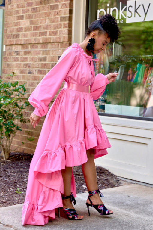 Bubble Sleeve Hi Low Belted Dress- Pink -FINAL SALE - Image 6