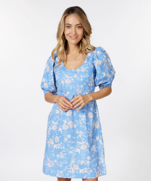 Esqualo- Puff Sleeve Dress in Blue Flower - Image 2