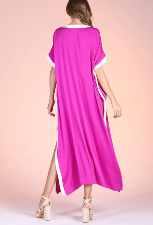 Tyche- Washed Poly Silk Contrast Band Caftan Dress in Orchid - Image 3