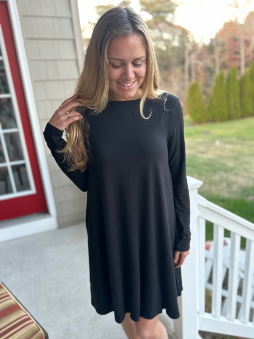 Black Long Sleeve Flare Dress with Pockets - Image 2