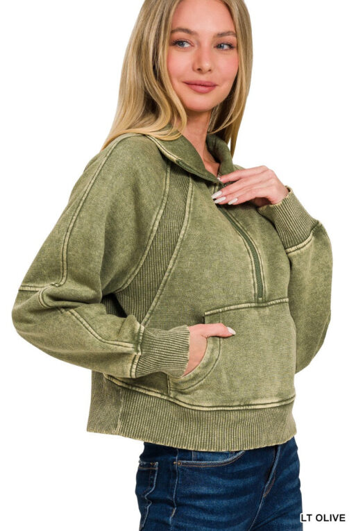 Olive Acid Wash Half Zip Pullover