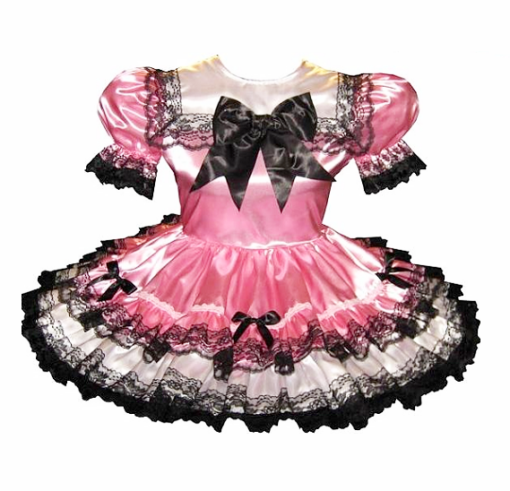 Plus Size Ready-to-Wear Pink Satin Black Lace & Bows Adult Sissy Dress by Leanne's