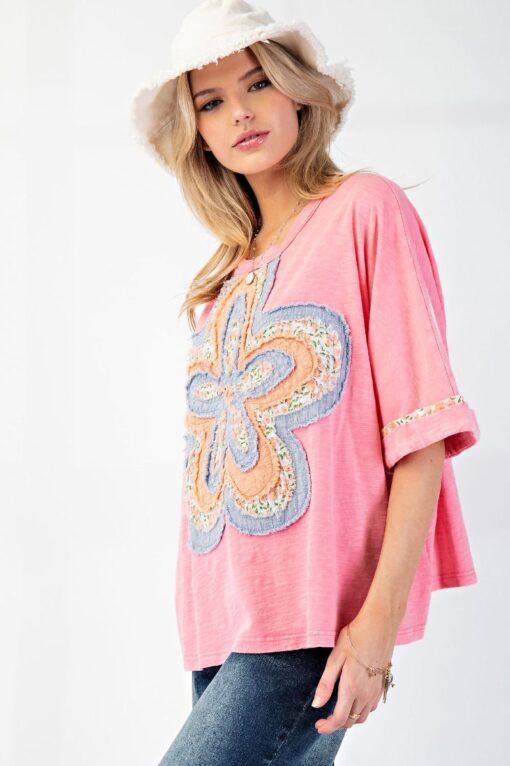 Malibu Pink Flower Patch Washed Cotton Slub Top - Image 2