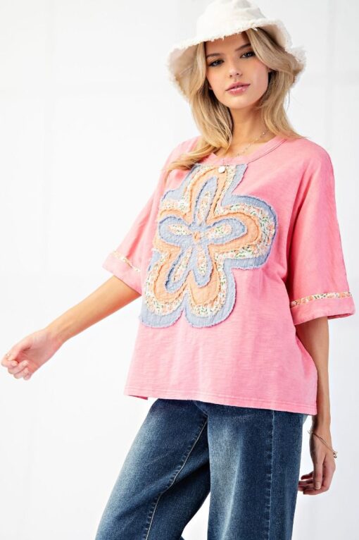 Malibu Pink Flower Patch Washed Cotton Slub Top - Image 3