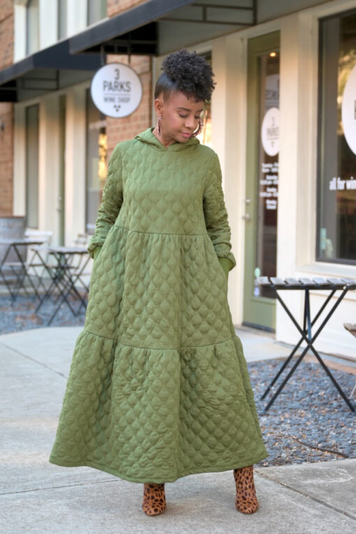 Tiered Quilted Hoodie Dress  (S-XL) -OLive - Image 2