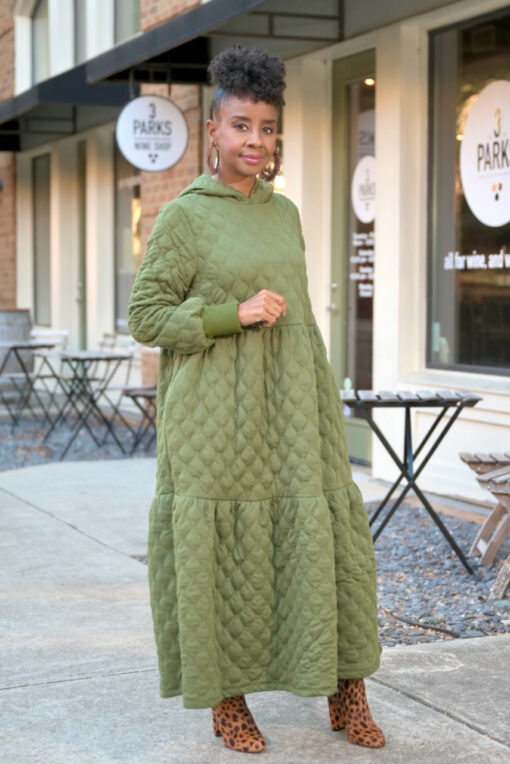 Tiered Quilted Hoodie Dress  (S-XL) -OLive