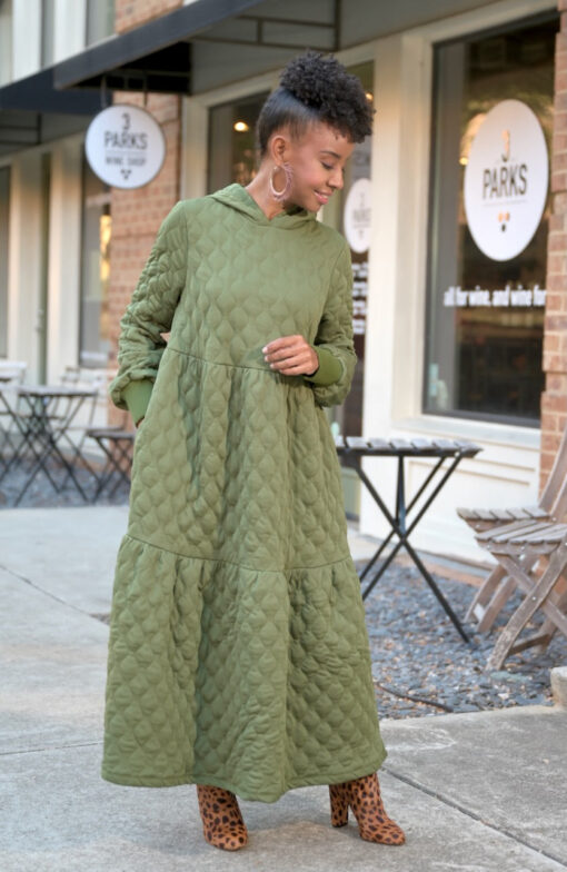 Tiered Quilted Hoodie Dress  (S-XL) -OLive - Image 3