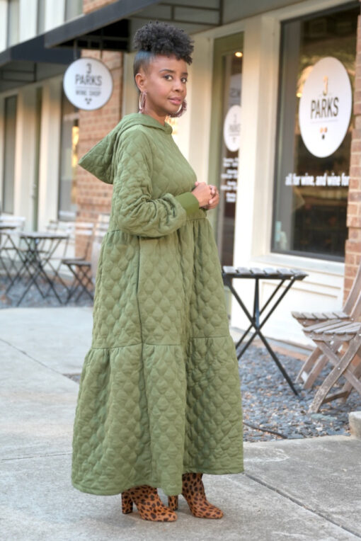 Tiered Quilted Hoodie Dress  (S-XL) -OLive - Image 4