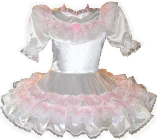 Allison Custom Fit White Satin Pink Organza Ruffles Adult Baby Little Girl Sissy Dress by Leanne's