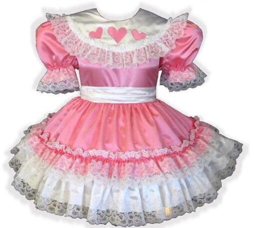 Ready to Wear Deluxe Pink Satin Lining Hearts Ruffles Adult Little Girl Sissy Dress by Leanne's