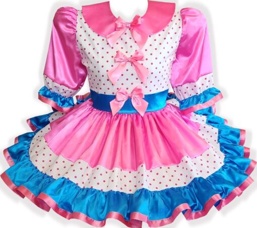 Sarina Custom Fit Pink Blue Satin Polka Dots Adult Sissy Dress by Leanne's