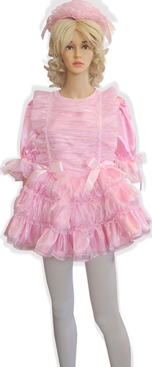 45" Ready to Wear Pink Sheer Mirror Organza Hair Flower Ruffles Adult Sissy Dress by Leanne's - Image 2