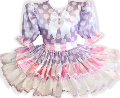 Jeanie Custom Fit Pink Lavender Polka Dots Stripes Satin Adult Sissy Dress by Leanne's