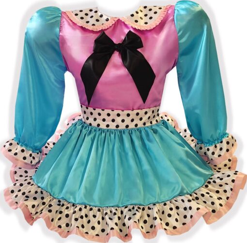 Cleopatra Custom Fit Turquoise Violet Polka Dots Satin Adult Sissy Dress by Leanne's