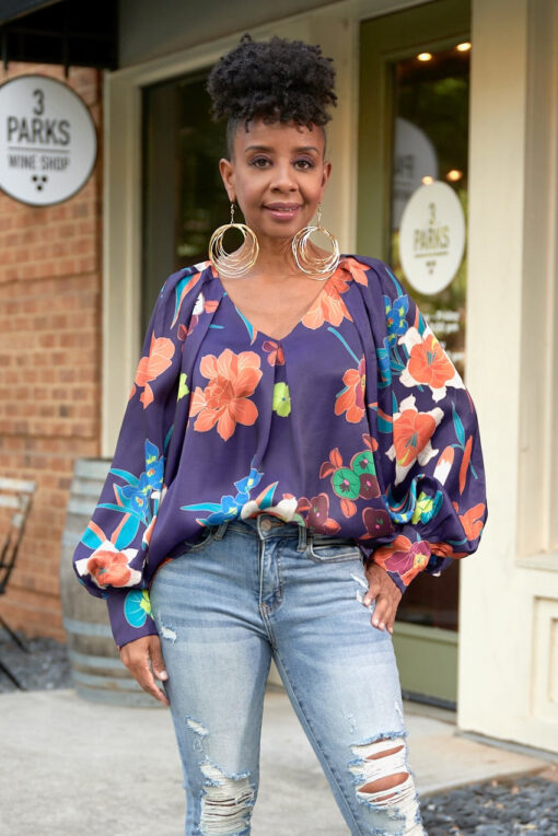 Purple Bold Floral Bubble Sleeve Top -FINAL SALE