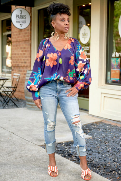 Purple Bold Floral Bubble Sleeve Top -FINAL SALE - Image 2