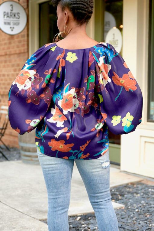 Purple Bold Floral Bubble Sleeve Top -FINAL SALE - Image 5