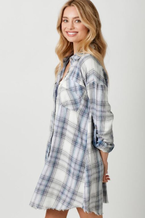 Blue Rayon Plaid Shirt Dress - Image 3