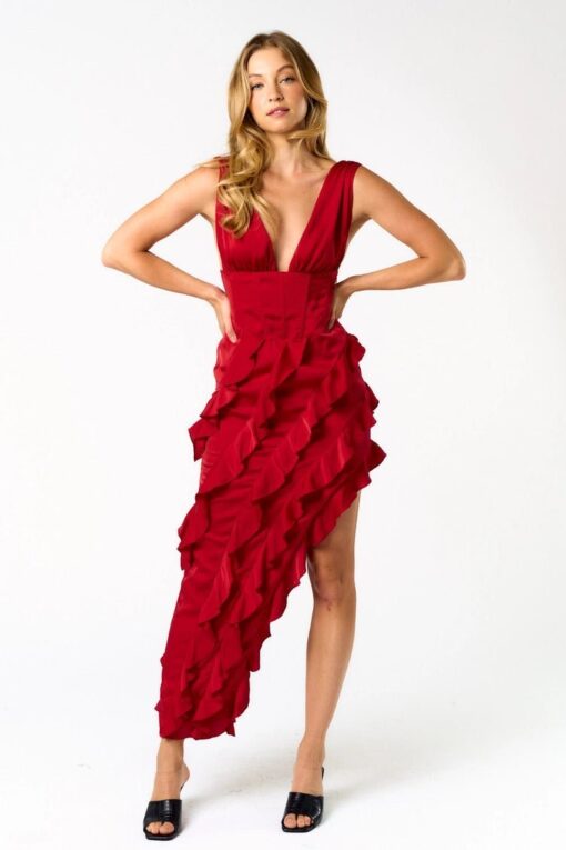 Red Ruffle Corset Maxi Dress - Image 2