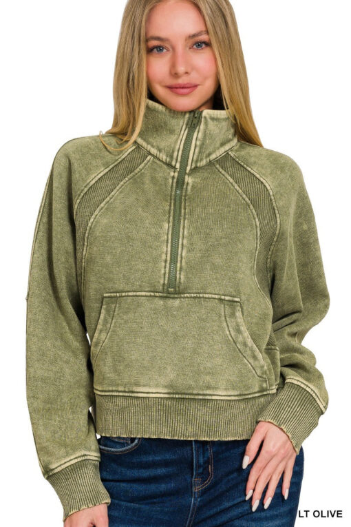 Olive Acid Wash Half Zip Pullover - Image 3